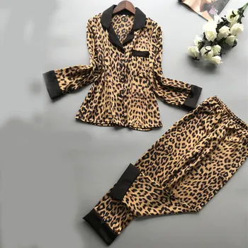 

Pizama Damska Bawelna Leopard Long Sleeve Pants Lingerie Nightwear Nightgown Pigiama Donna Pajamas for Women Satin Four Seasons