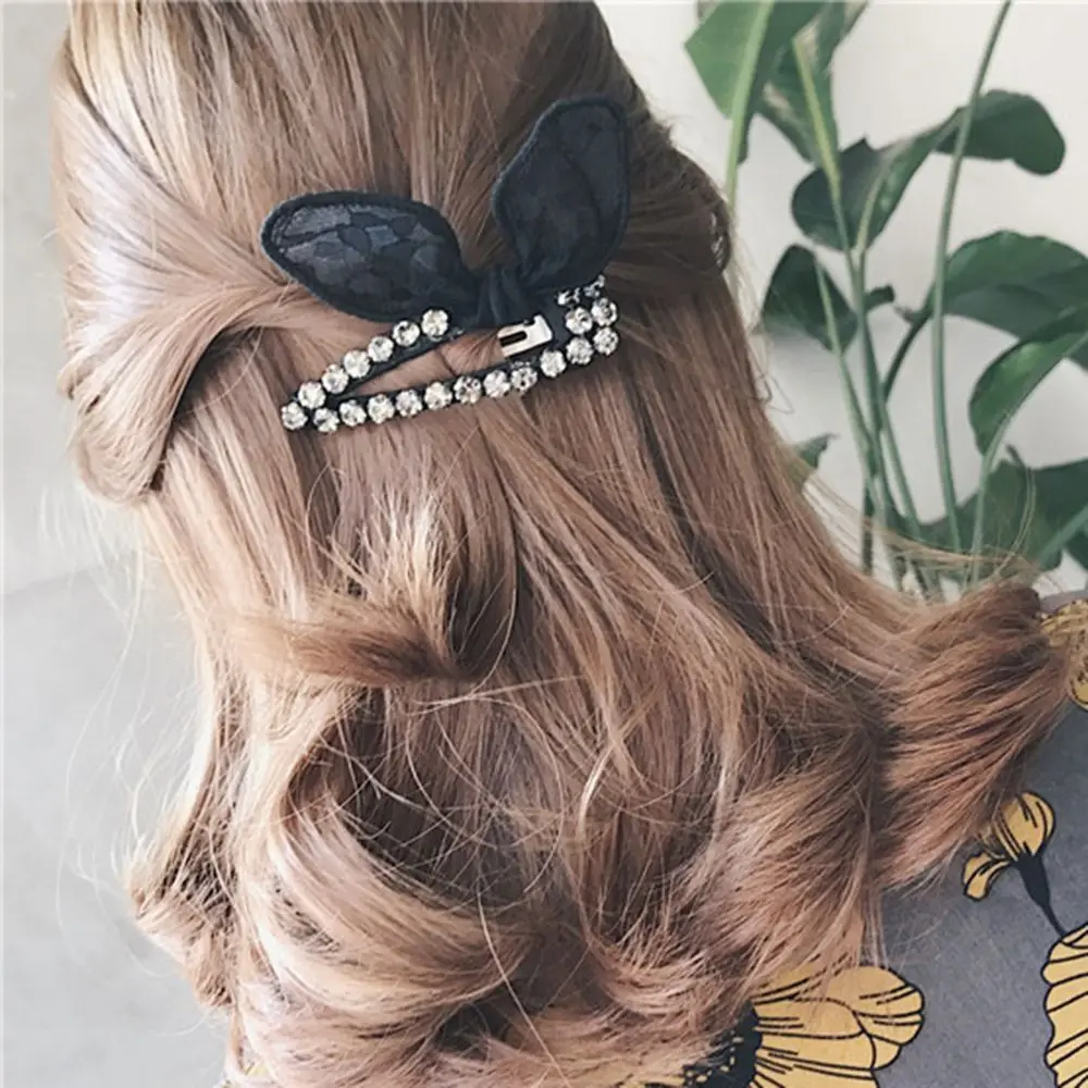 Lace Bunny Ears Hairpin Crystal Sexy Rabbit Barrettes Bow Hair
