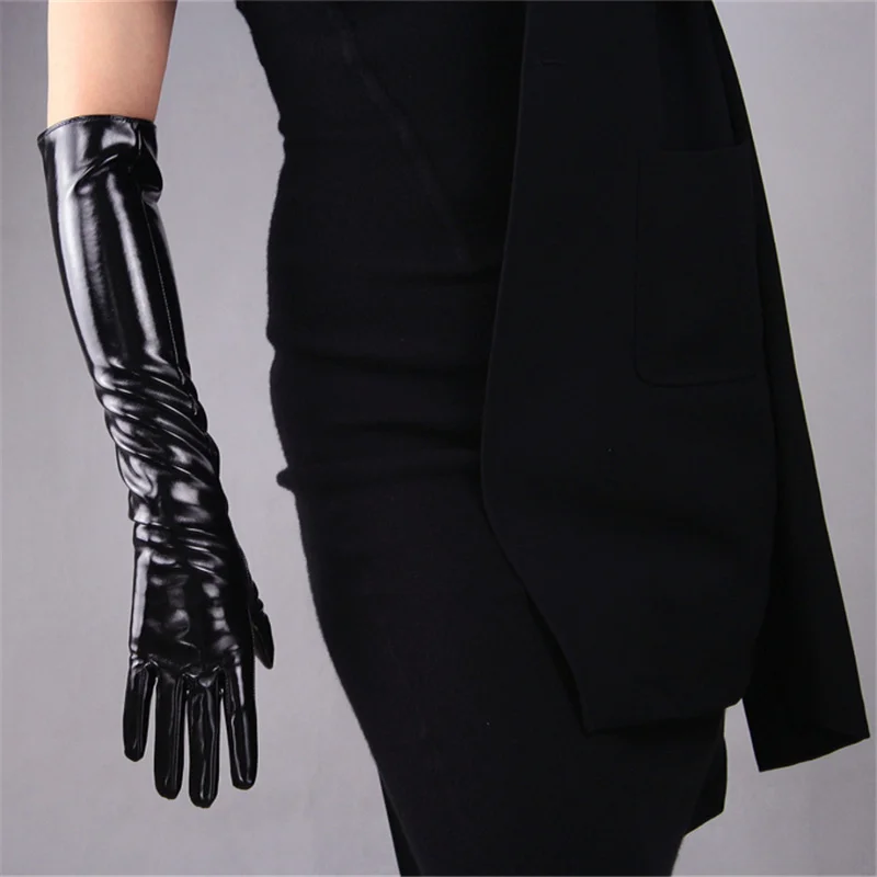 Модные женские длинные кожаные перчатки 70 см длиной выше локтя искусственная кожа Seiko без подкладки Черный TB16 - Цвет: 50CM