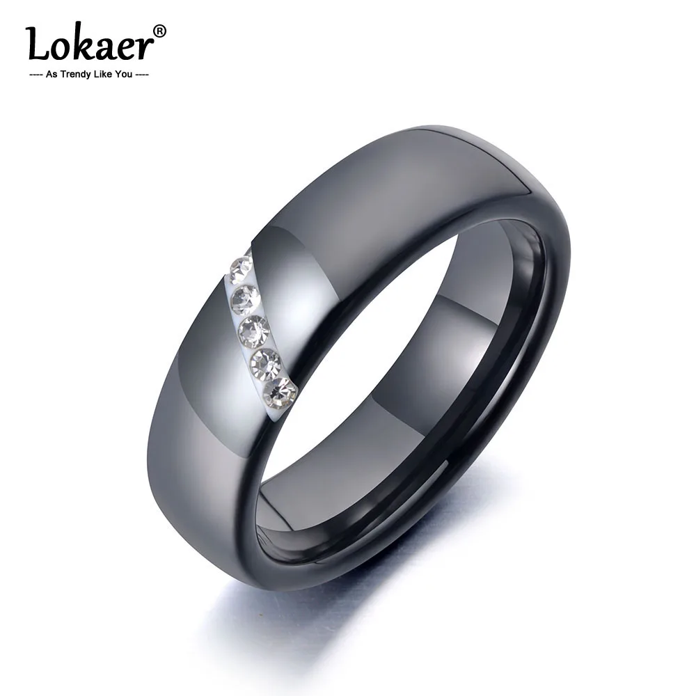 Lokaer, трендовые Черные Керамические Кристальные свадебные кольца, ювелирные изделия для женщин, нержавеющая сталь, белая глина, стразы, обручальное кольцо R19069