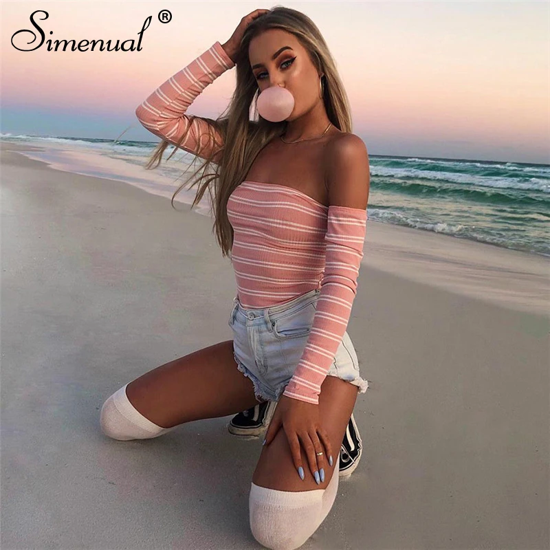 Simenual Backless lace up bodysuit women striped off shoulder bodysuits slim sexy hot long sleeve pink jumpsuits autumn rompers Simenual Backless lace up bodysuit women striped off shoulder bodysuits slim sexy hot long sleeve pink jumpsuits autumn rompers