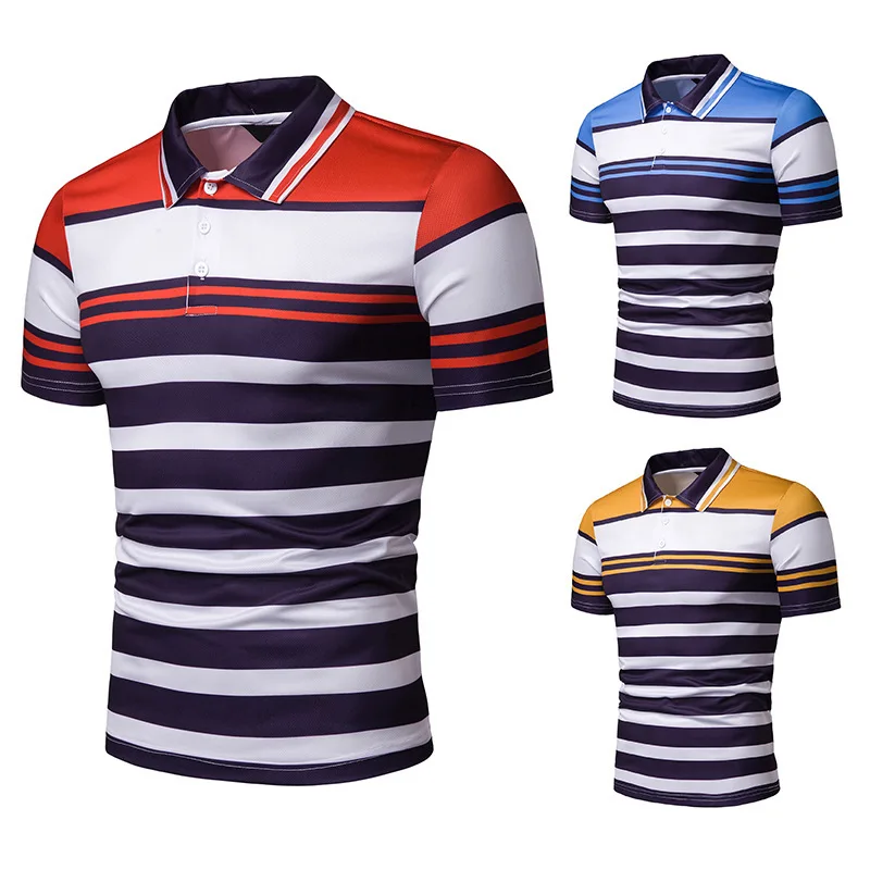 

FuyBill 2019 New Fashion Summer Men's Short-sleeved Sports Polo Men's Colour Stripe Rip-collar Shirt Breathable Sport Polo Shirt