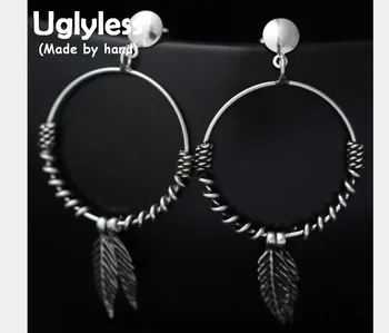

Uglyless Real S925 Thai Sterling Silver Big Circle Dangle Earrings Engraved Leaves Tassel Brincos Bohemian Vintage Twist Jewelry