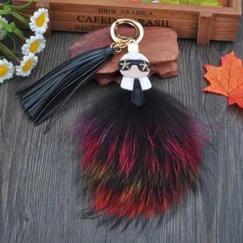 

Fluffy Kar Genuine Raccoon Fur Pompom Bag Bugs Charm Keychain Plush Key Ring Leather Tassel Pompom Key Chain K001-multi