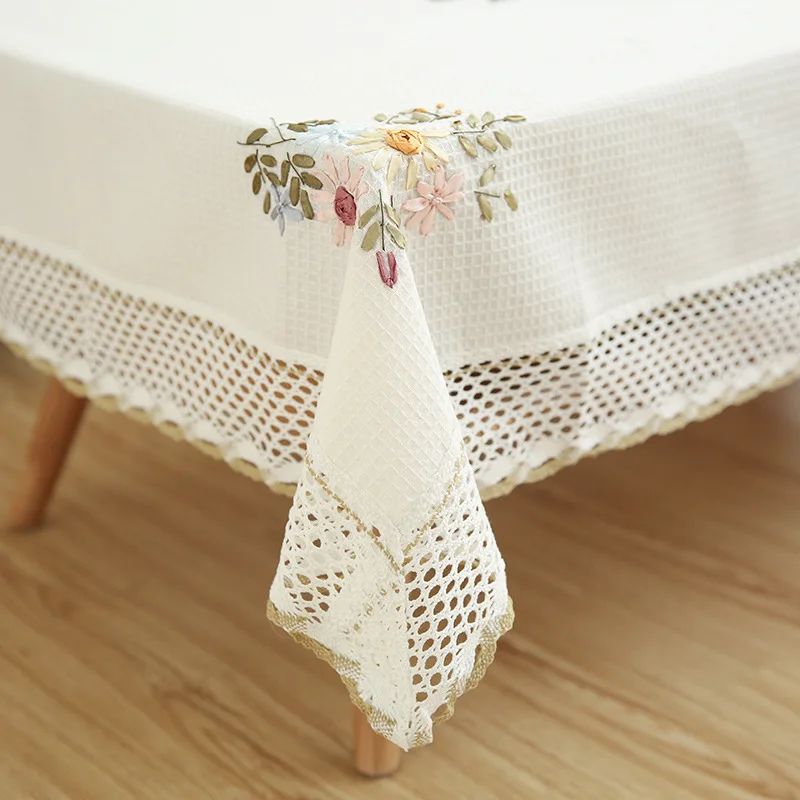 Senisaihon Europe Flowers Tablecloth White Hollow Lace Cotton Linen Dustproof Table cloth Wedding B