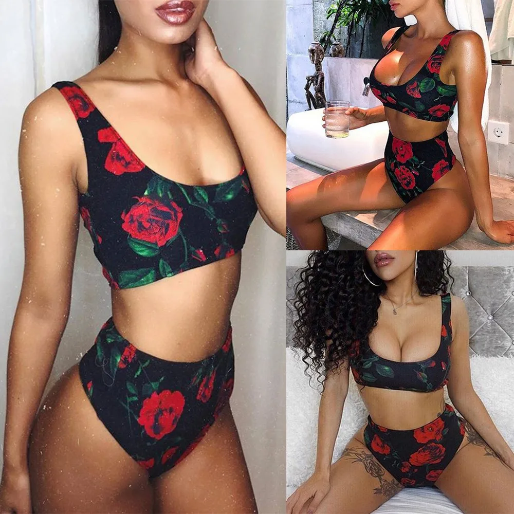 

High Waist Style Bikinis 2019 new MS Rose Print Swimsuit Sexy Vintage Ladies Causal Swim Wear Biquini Bra Printing Swimwear #5