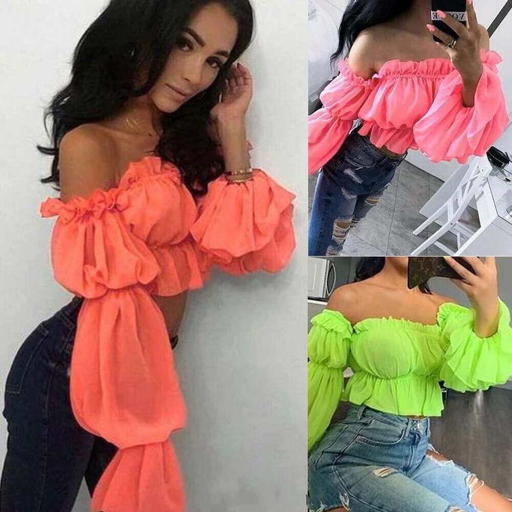 FREE SHIPPING Women Chiffon Off Shoulder Pleated Flare Sleeve Ruffle ...