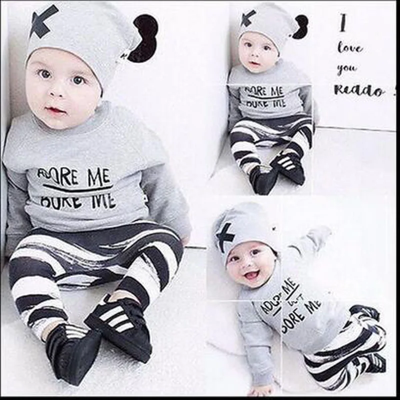 Autumn New Fashion Infant Baby Long Sleeve Print Suit Zebra Striped Pants+Gray Top Winter Clothing+X Design Hat | Детская одежда и