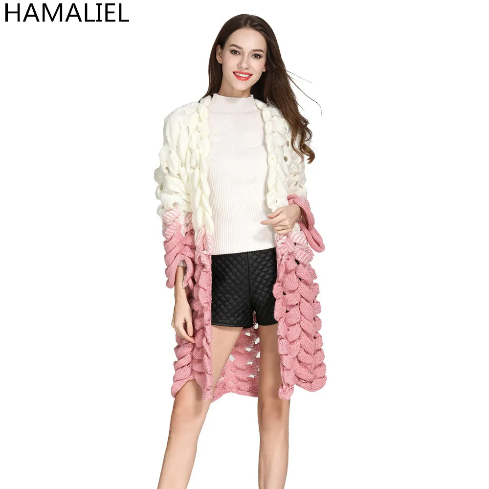 

HAMALIEL New Fashion Women Long Cardigans 2018 Fall Winter Knitting Long Sleeve Hollow Out Pink Patchwork Crochet Weave Sweater