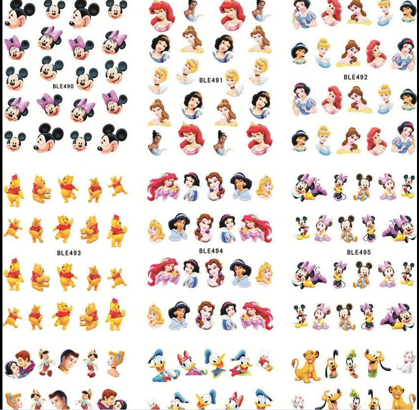  Large(1Set=11Sheets)BLE488-498 Cartoon Princess Nail Art Water Transfer Stickers Foils Watermark De
