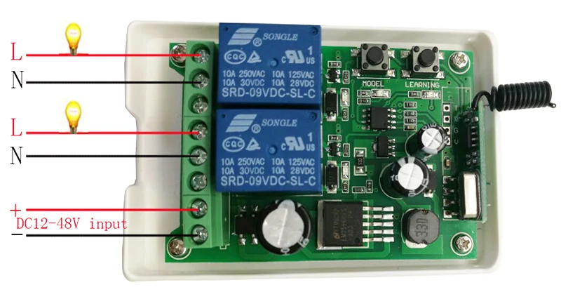 12 В постоянного тока, 24 В, 36 В, 48 В, 2CH, 2 CH, мини беспроводной Радиочастотный пульт дистанционного управления, светильник, 10 А, релейный выход, модуль радиоприемника+ передатчик