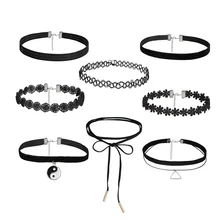 8pcs/set Sexy Black Gothic Punk Velvet Tattoo Lace Choker Necklace Long Pendant Jewelry Women Lady Collar