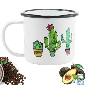 

Simple Black edge Enameled Cup, Cacti Pattern Milk Mug, Home Office Coffee Cup