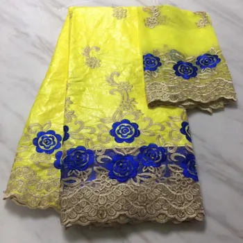 

2018 New arrival Yellow African Bazin Riche Getzner fabric with Beads Embroidery lace for dress African lace fabric 5+2Yards