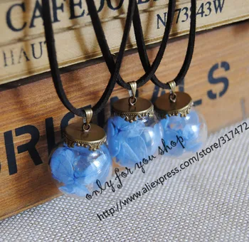 

10pcs Dry Flower lobular hydrangea Glass Vial Pendant Necklace Glass Globe Velvet rope Leather necklace (finished necklace)