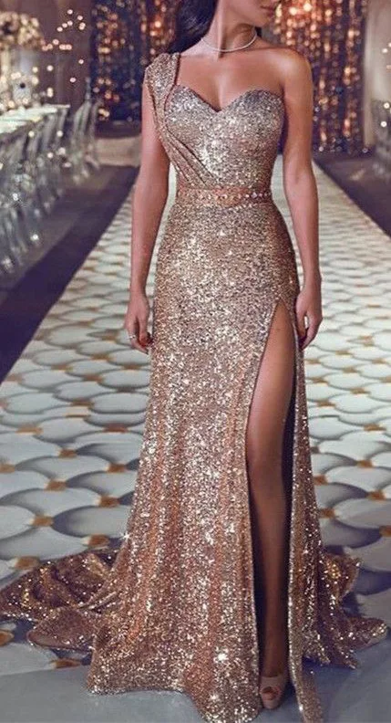 Блестящее позолоченное женское платье с высоким разрезом новое платье с одним плечом без бретелек сексуальное вечернее платье высокого качества Золотое Платье