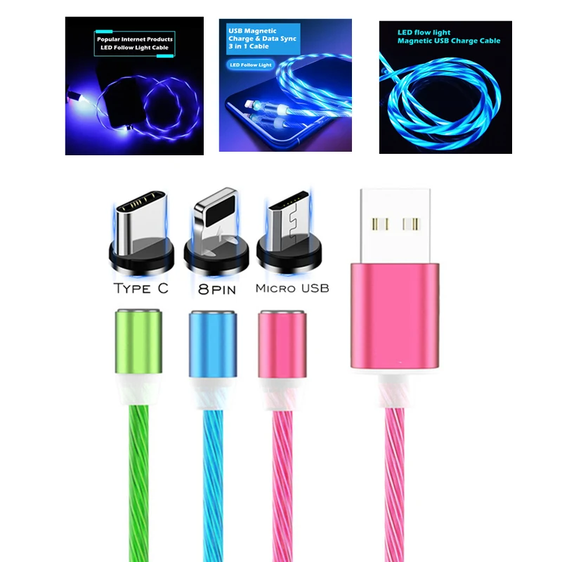 

Blue Red Green LED Follow luminous Light Round Plug Magnetic Cable For iPhone X 8 7 6 plus 5 6s SE iPad Samsung S10 A3 A5 A7 A9