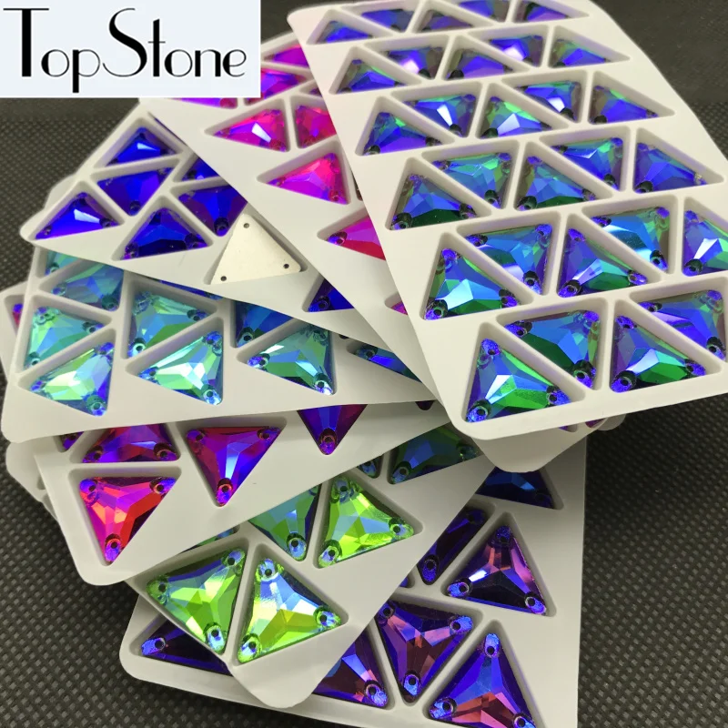 Все размеры цвета AB треугольной формы пришить стеклянные кристаллы, Стразы Flatback с отверстиями 12 мм, 16 мм шитье бисера Ювелирных изделий