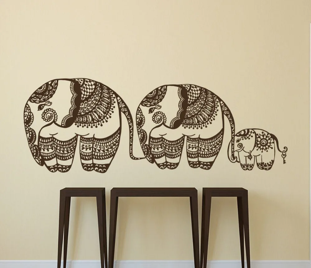 3 Elephants Vinyl Wall Stickers 56X158cm Flowers Animals Yoga Wall Decals Bohemian Bedding Vinyl