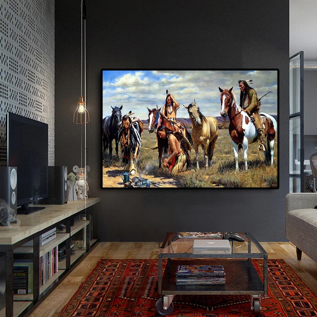 Pintura de retrato indio nativo para sala de estar, pósteres e impresiones en lienzo de pradera caballo, imagen artística de pared escandinava Pintura de retrato indio nativo para sala de estar, pósteres e impresiones en lienzo de pradera caballo, imagen artística de pared escandinava