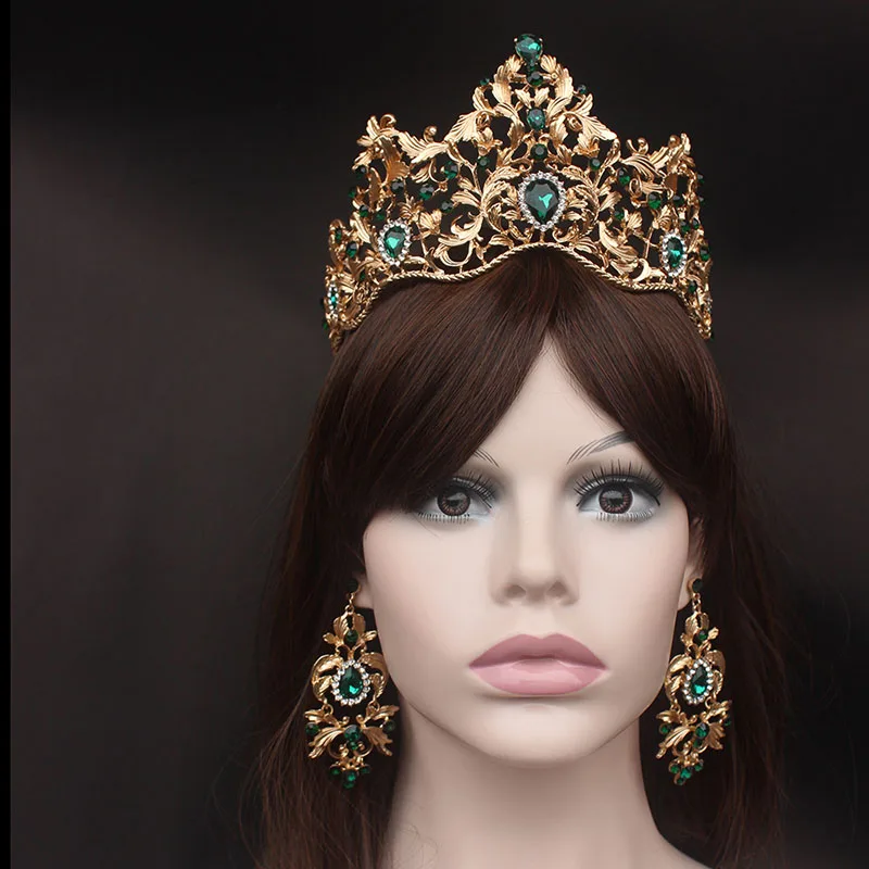 

High Large Crown Bridal Tiara Baroque Red Crown Green Crystal Leaf Headpiece Hair Jewelry Rhinestone Accessories Women Tiara Set