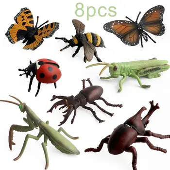 

8pcs Simulation Insect Model Animal Figure Dragonfly Beetle Ladybird Grasshopper models figures figurines set toy Children Toys