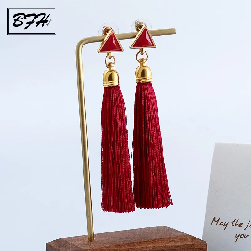 BFH Bohemian Long Tassel Drop Earrings for Women Fashion Vintage Ethnic Fringe Handmade Triangle Dangle Earring Jewelry - Окраска металла: Red