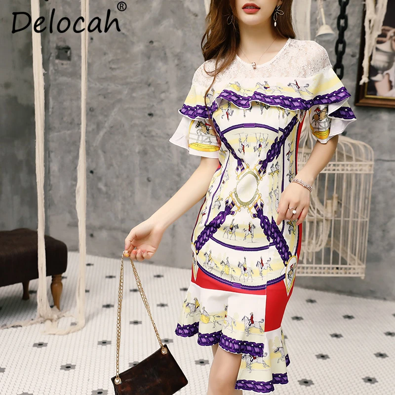 Delocah Women Spring Summer Vintage Dress Runway Fashion Designer Ruffles Sequined Horse Printed Elegant Mermaid Party Dresses