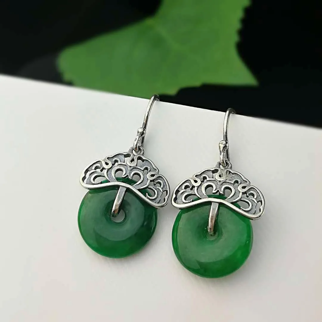 Hand Carved Green Jade Earrings For Women Peace Buckle Amulet For Women ...