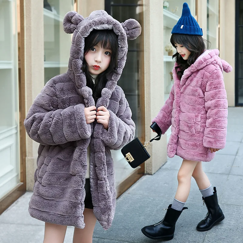 Girls Faux Fur Coat with Ears Fashion Winter Warm Jacket for Girls Beautiful Purple Children Jacket Kid Thick Plus Velvet Coat best coats for winter