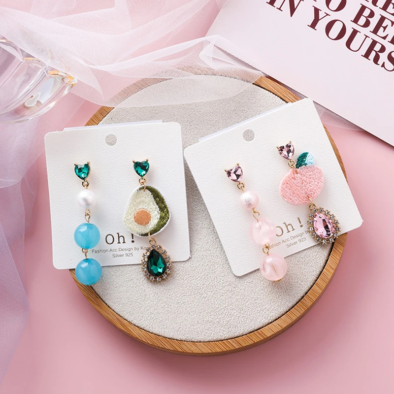 

HZ 2019 Sweet Japan Embroidery Asymmetry Rhinestone Avocado Peach Imitation Pearls Korea Dangle Earrings for Women Girl Jewelry