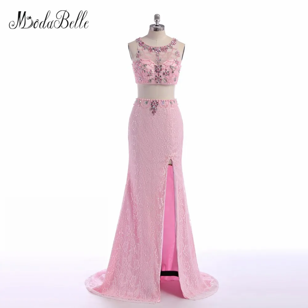 modabelle Open Leg Long Lace Pink Prom Dresses Two Pieces Beaded