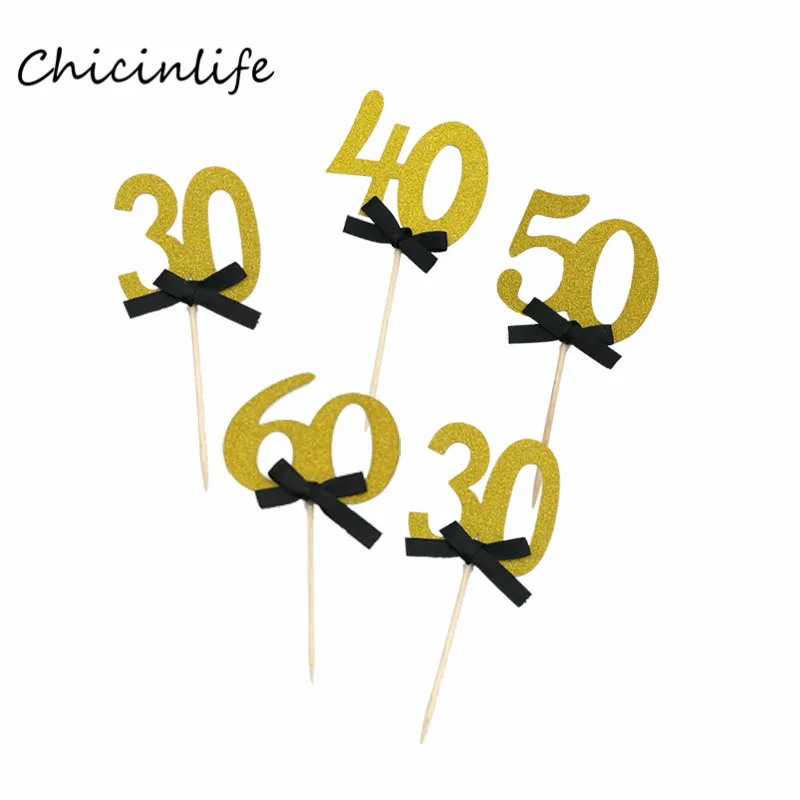 

Chicinlife 5pcs/lot Gold Number 30 40 50 60 Cupcake Topper Adult Birthday Anniversary Party Decoration Cake accessories