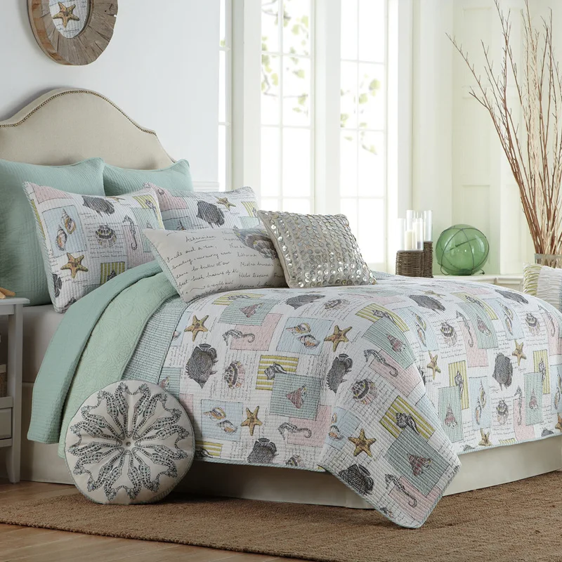 

CHAUSUB Ocean Style Quilt Set 3PCS Washed Cotton Quilts Bed Sheet Quilted Bedspread Bed Cover Pillowcase Coverlet Set King Size