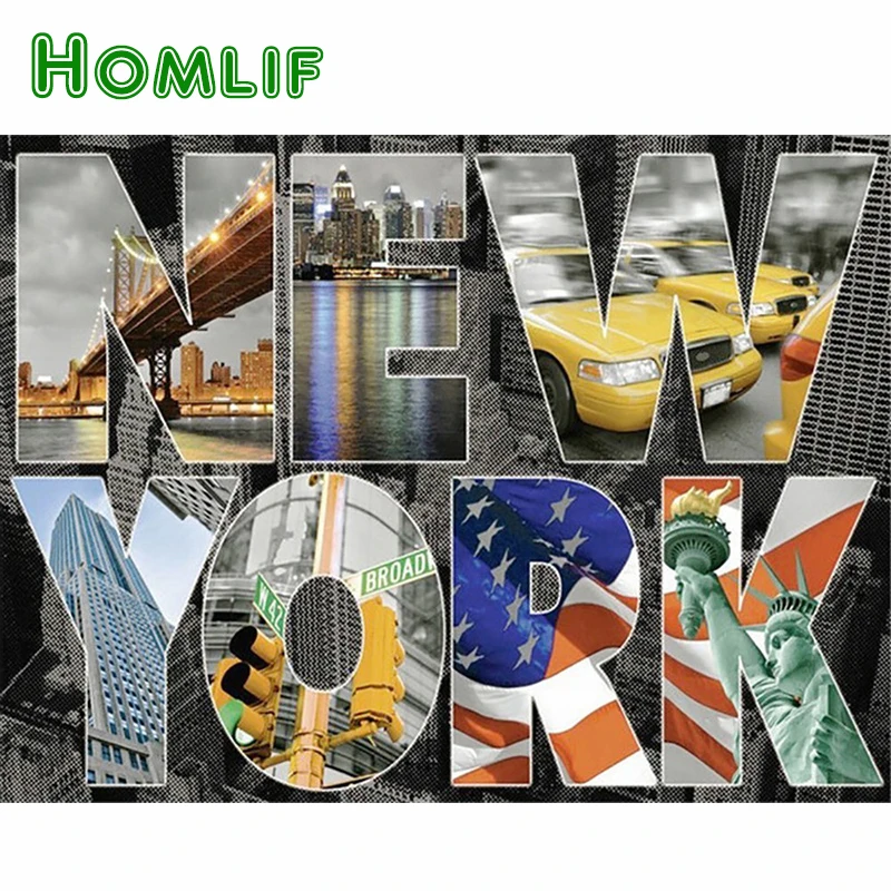 

HOMLIF 100% Full 5D Diy Diamond Painting New York Scenery 3D Diamond Painting Round Rhinestones Full Diamond Painting Embroidery