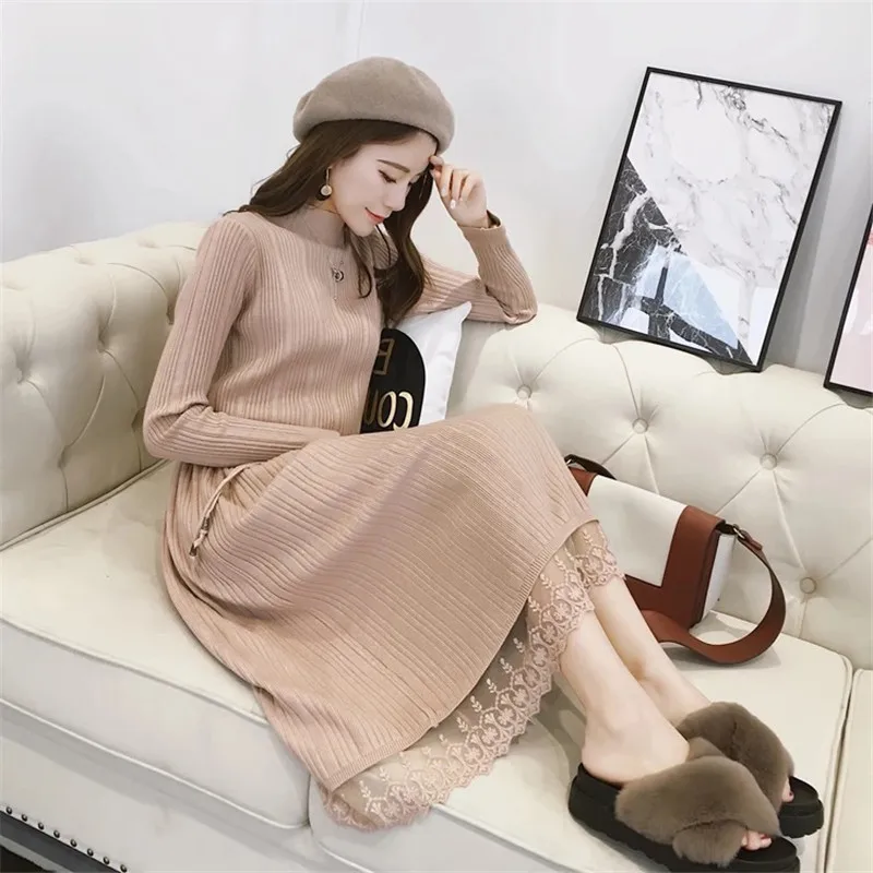 New Knit Midi Dress Women Autumn Long Sleeve Solid Knitting Dresses Female Turtleneck Lace Patchwork Party Dress Casual Clothes - Цвет: D00291 kaqi