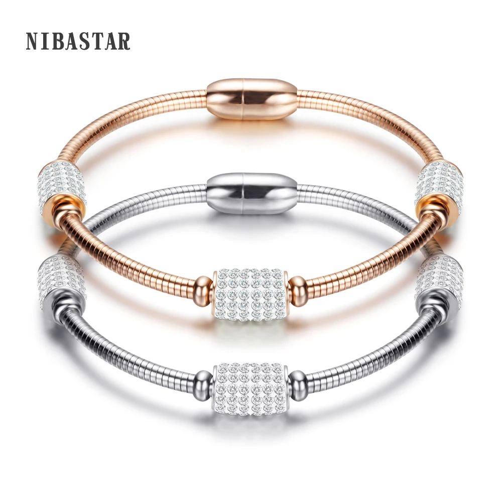 

New Fashion Jewelry 2 Colors 316L Stainless Steel Austrian Crystal Rhinestone Round Bangle Female Jewelry For Wedding Gift