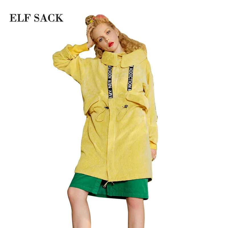 ELFSACK Осенний винтажный вельветовый Женский Тренч пальто с буквенным воротником и