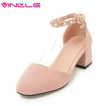 

VINLLE 2020 Summer Women Pumps Pointed Toe Square Med Heel Ankle Strap Flock String Bead Pink Ladies Wedding Shoes Size 34-43