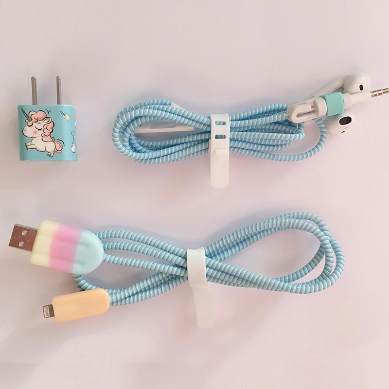 Кабель намотки мультфильм USB протектор для кабеля передачи данных набор с наклейки для зарядного устройства Спиральный шнур протектор для iphone