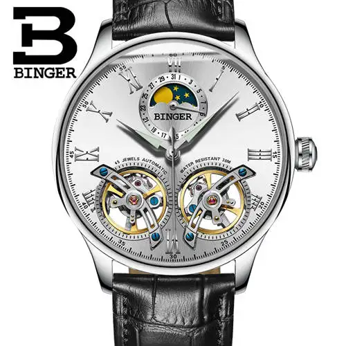 Швейцарские мужские часы с двойным Tourbillon, BINGER, автоматические часы для мужчин, модные механические наручные часы с кожаным ремешком - Цвет: Silv white B8606A bl