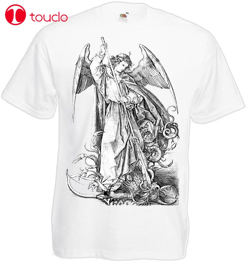 

Saint Michael The Archangel Desytoy Devil 1469 White T-Shirt Catholic Christiannew 2019 100% Cotton For Man Shirts Sweater