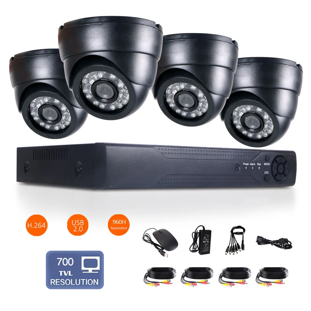 4CH H.264 Безопасности DVR NVR HD Широкоугольный CMOS 700TVL 24IR 3.6 мм высокого разрешения