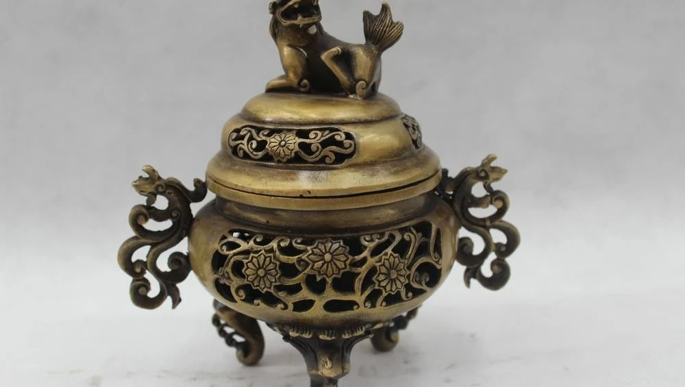 

8"Chinese Folk Pure Bronze Wealth Lucky Excellent Lion flower incense burner