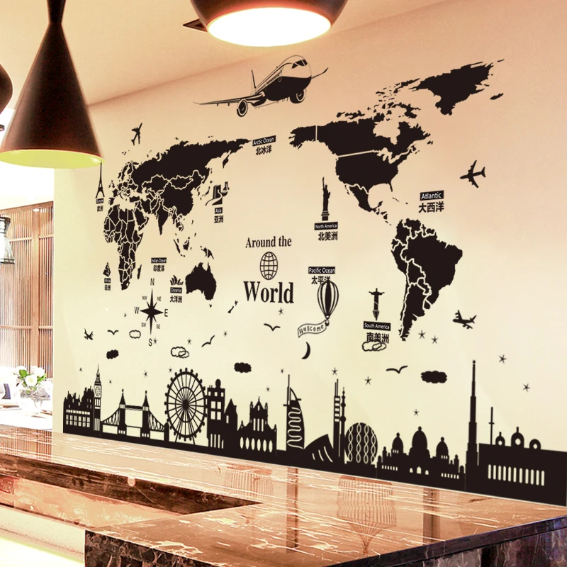 

[SHIJUEHEZI] World Map Wall Stickers for House Living Room Bedroom Dorm Decoration DIY Black Color Buildings Wall Decals