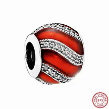 Серебро 925 пробы красная эмаль и прозрачный CZ Праздничная лента украшение Талисман из бусин ручной работы Fit PANDORA Подвески для женщин ювелирные изделия FL475