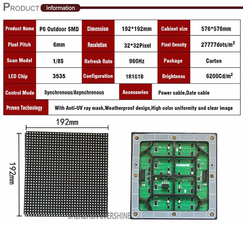 Evershine 6 мм P6 SMD3535 открытый RGB 192x192 мм 32*32 пикселей 1/8 сканирования полный Цвет светодиодный модуль высокой Яркость Шэньчжэнь завод