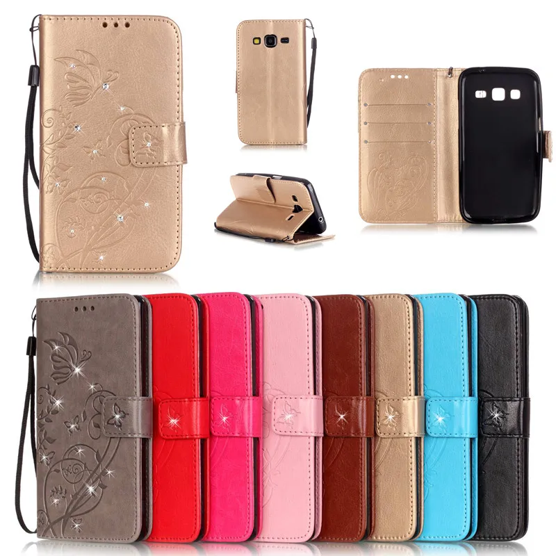 

Bling Book Style PU Leather Flip Butterfly Case Cover For Samsung Galaxy Core Prime G360 G360H G3606 G3608 Phone Bags+Strap