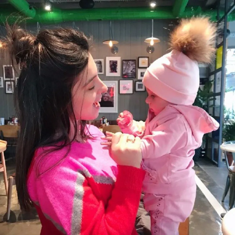 

Winter Baby Caps Cotton Parent-child Hats Hair Ball Winter Cute Baby Caps+ Adult Hat Set Artificial Fur Children's Hats