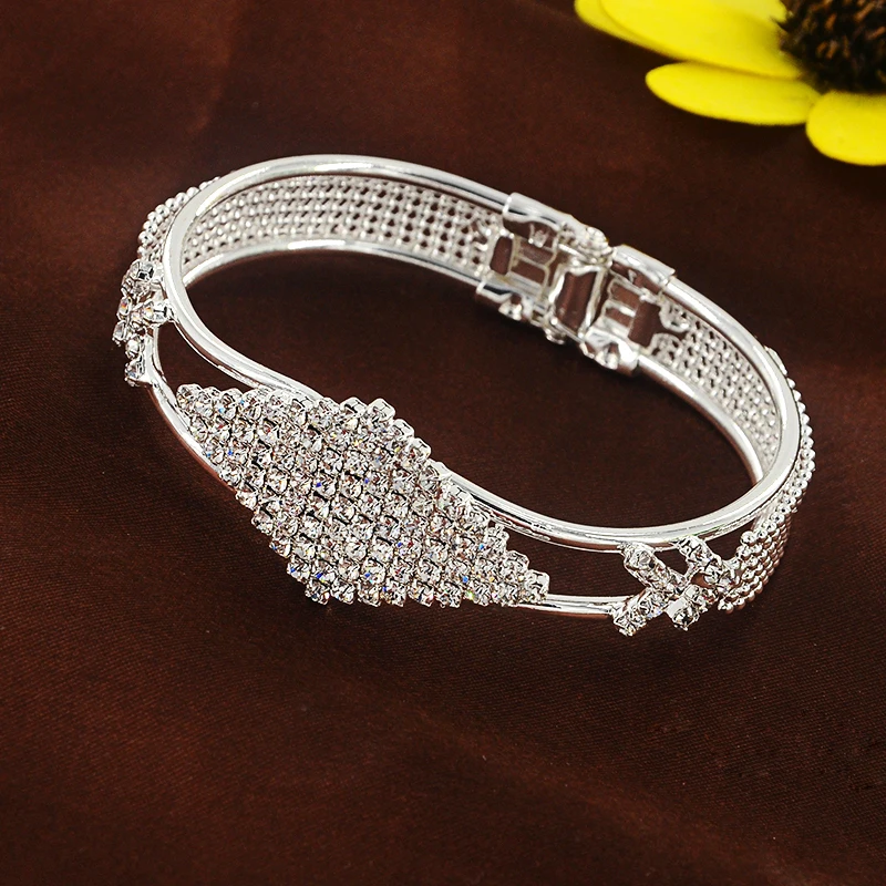New Luxury Shiny Silver Plate Rhinestone Metal Arm Cuff Bangles for